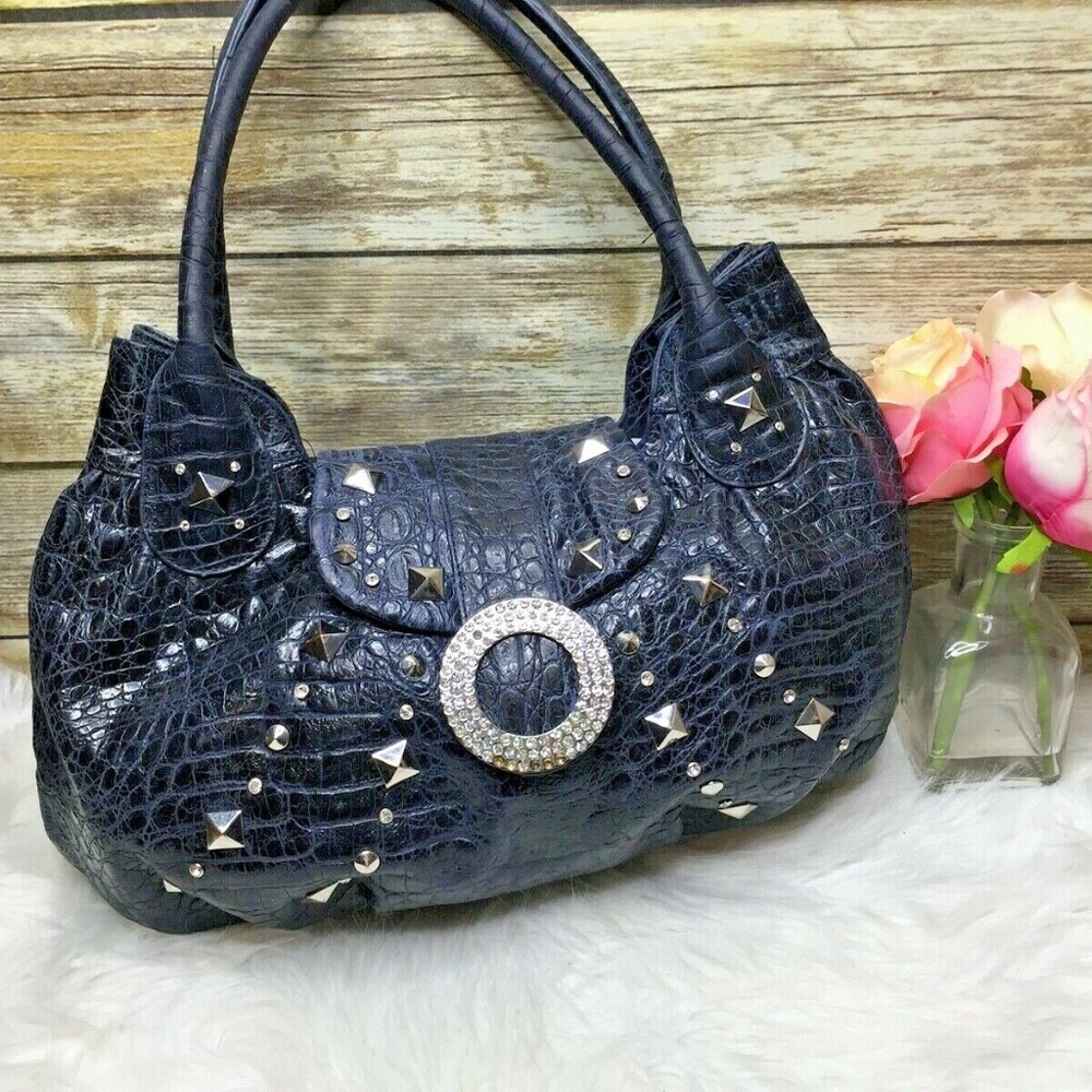 Charm & Luck Blue Croc Embossed Studded Hobo Bag